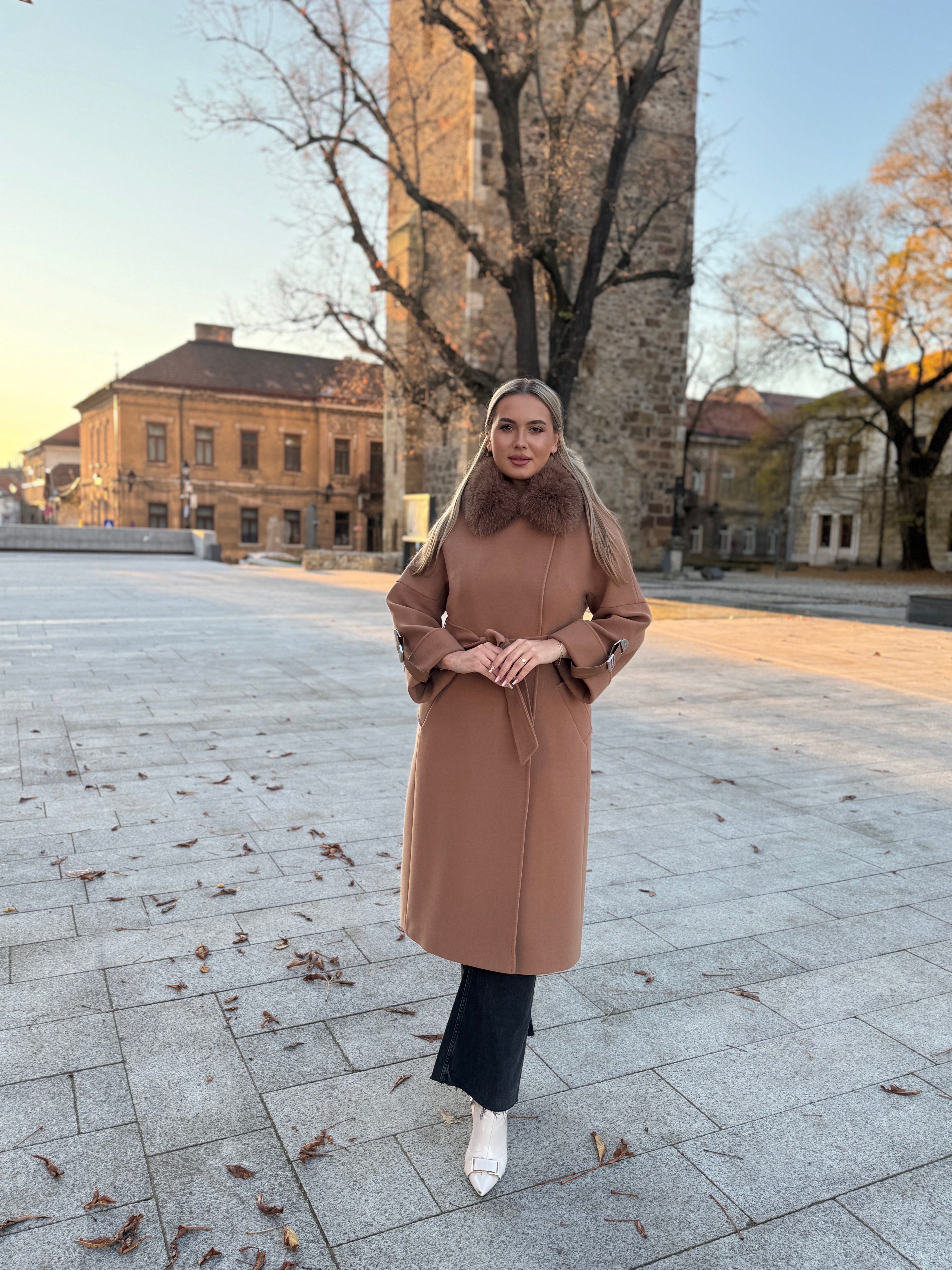 Palton lana si casmir cu blana naturala Tania