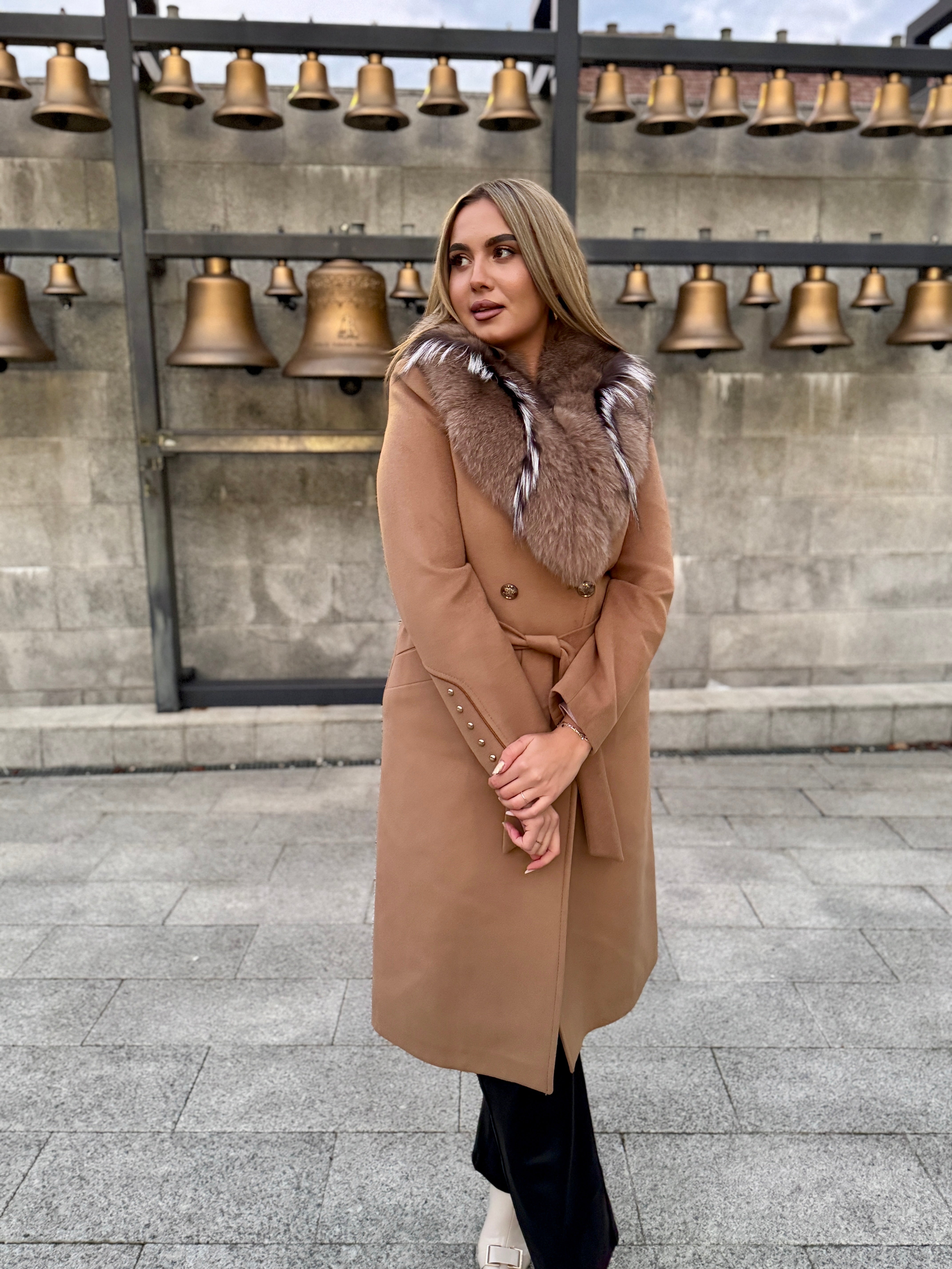 Palton lana si casmir cu blana naturala Klara