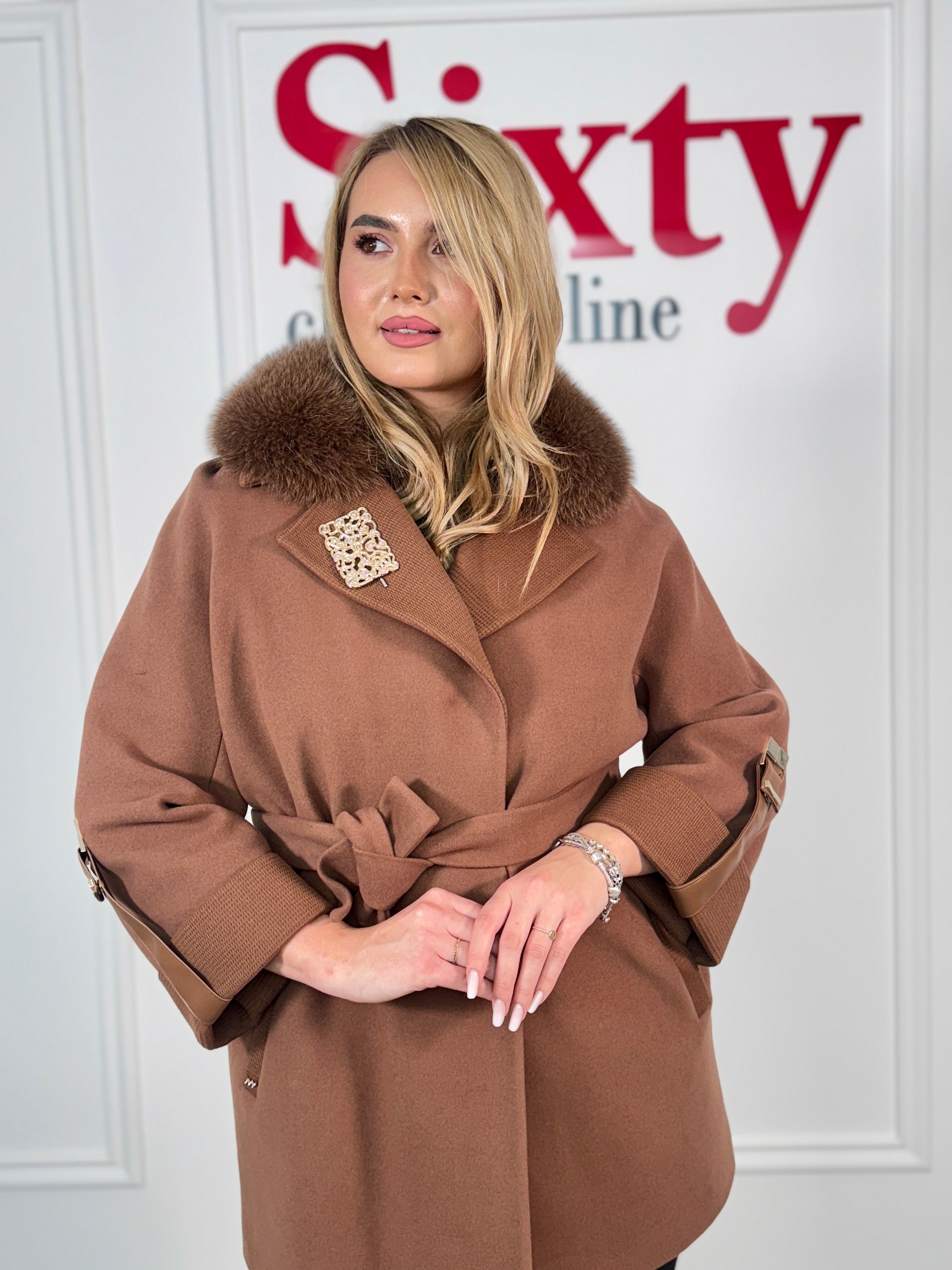 Palton lana si casmir cu blana naturala Sia